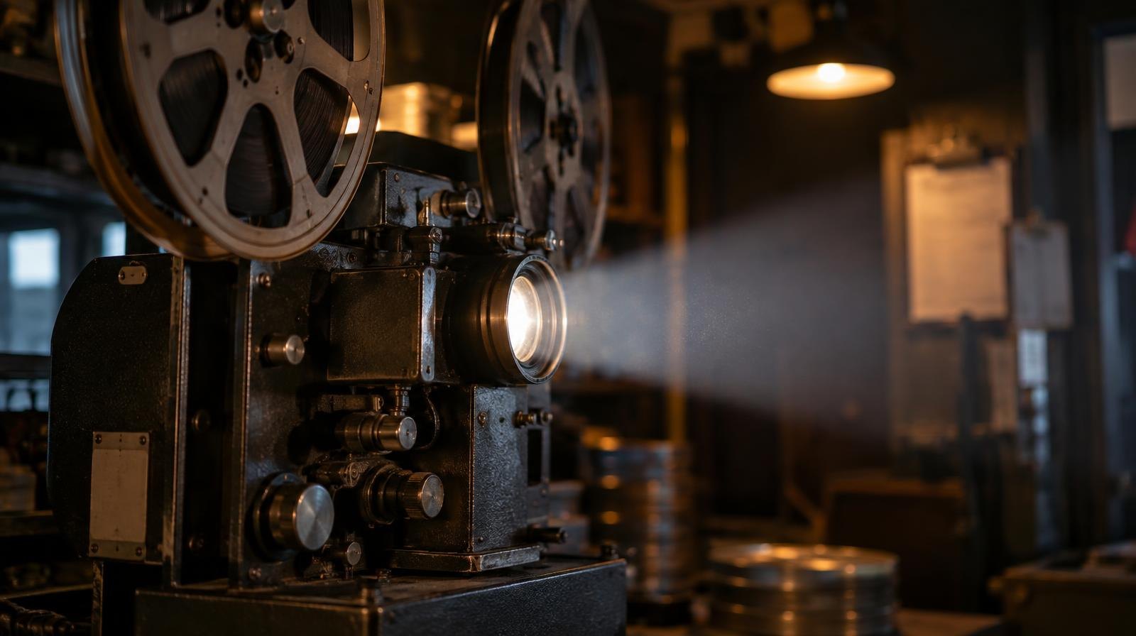 A vintage film projector casting a bright beam of light in a dark room.