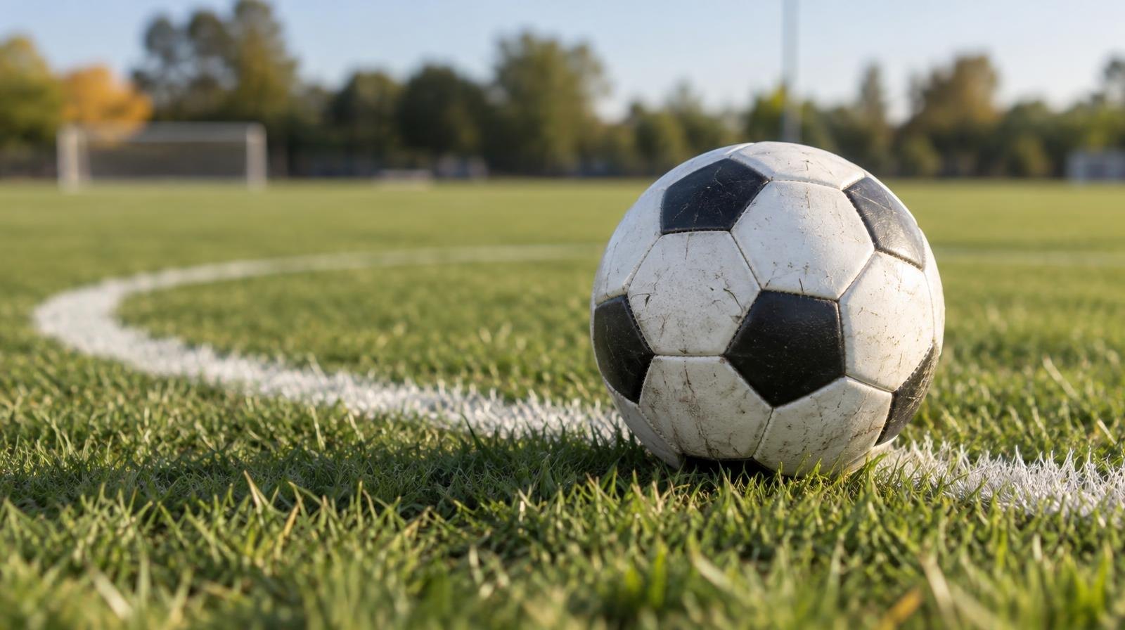 A black-and-white soccer ball resting on a green grass field.
