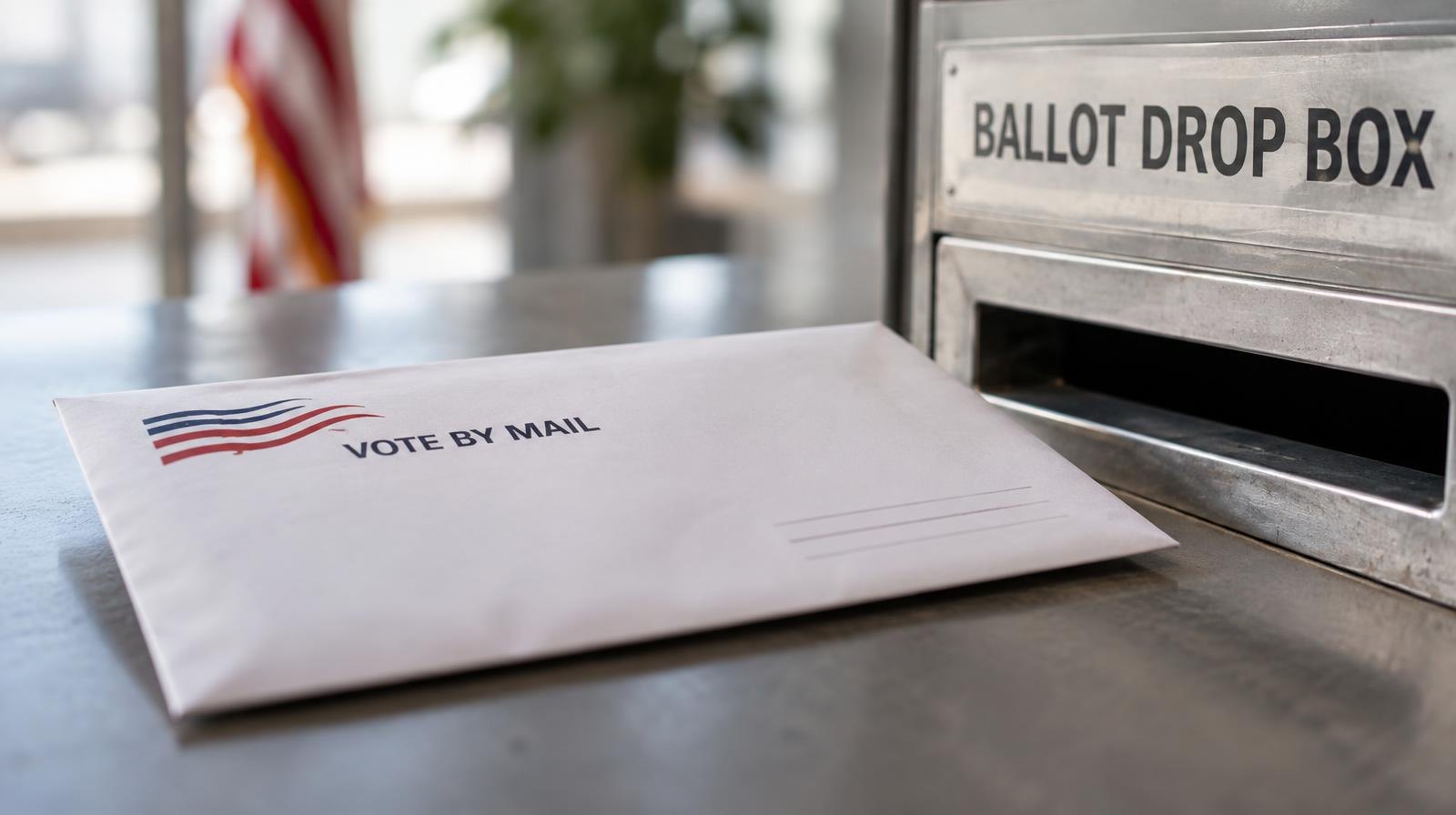 A sealed mail ballot envelope next to a ballot drop box slot on a flat surface.