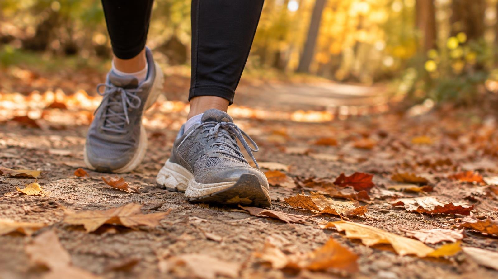 A pair of running shoes on a dirt trail with fallen autumn leaves.