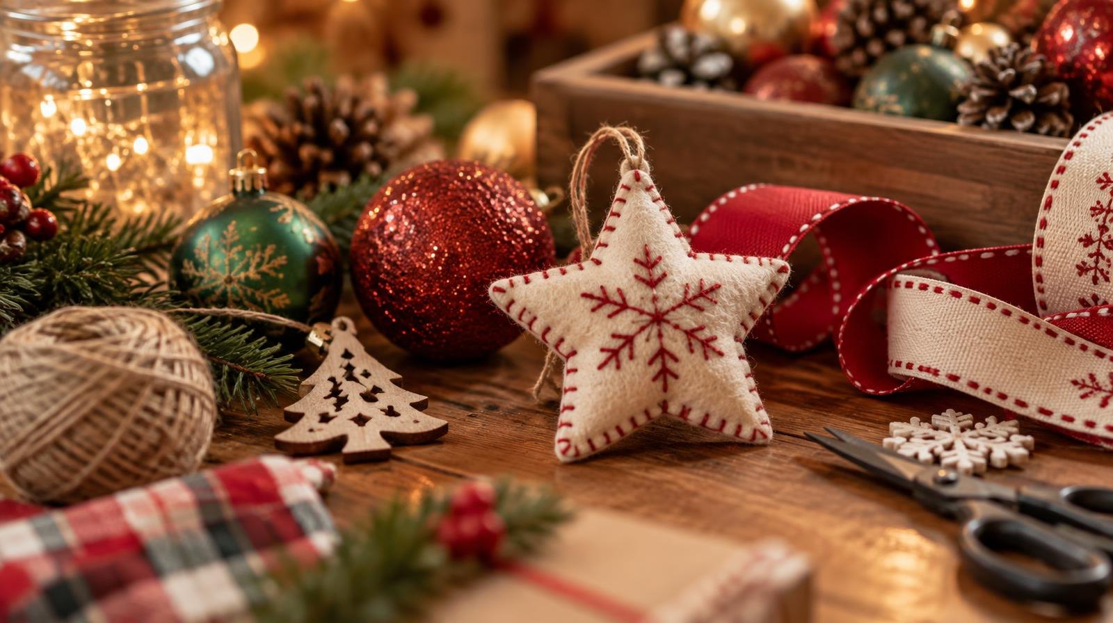 Handmade Christmas ornaments, ribbon, pinecones, and glittery baubles on a wooden table.