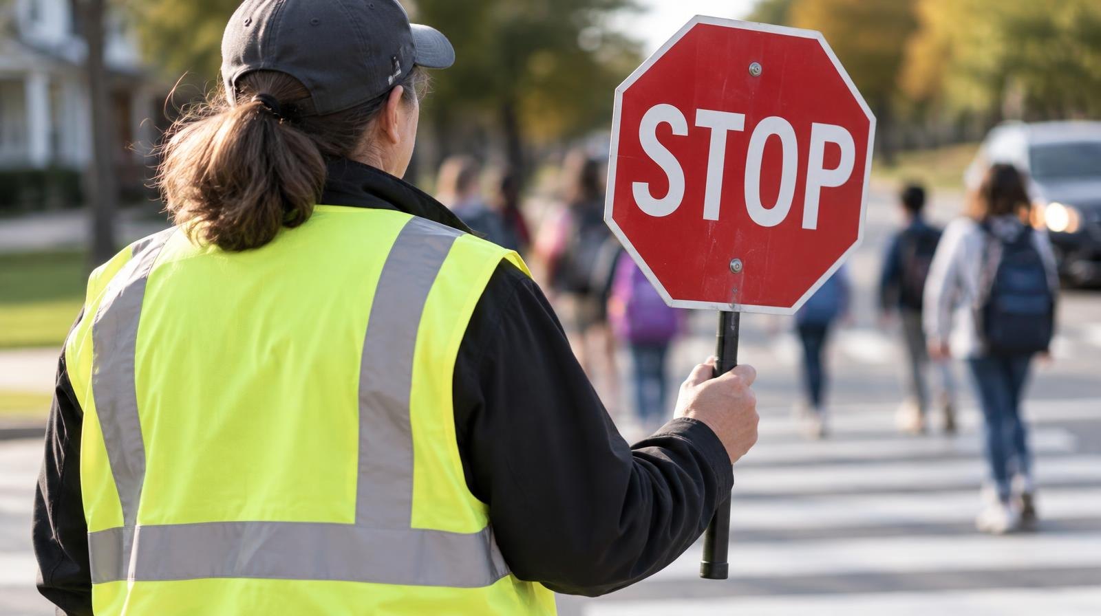 A person in a yellow safety vest holds a red stop sign at a painted crosswalk.