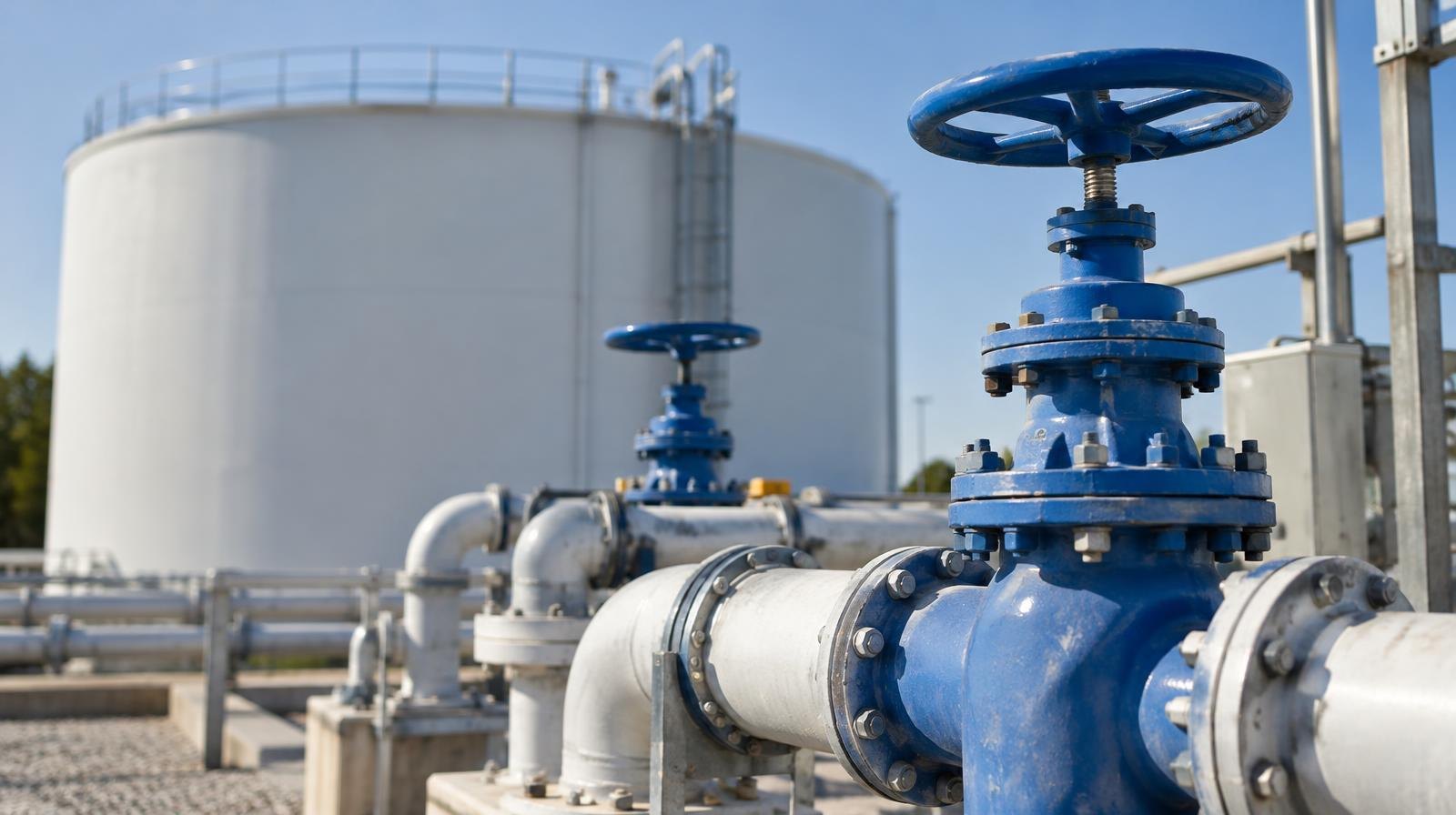A large cylindrical water storage tank with pipes and valves under a clear sky.