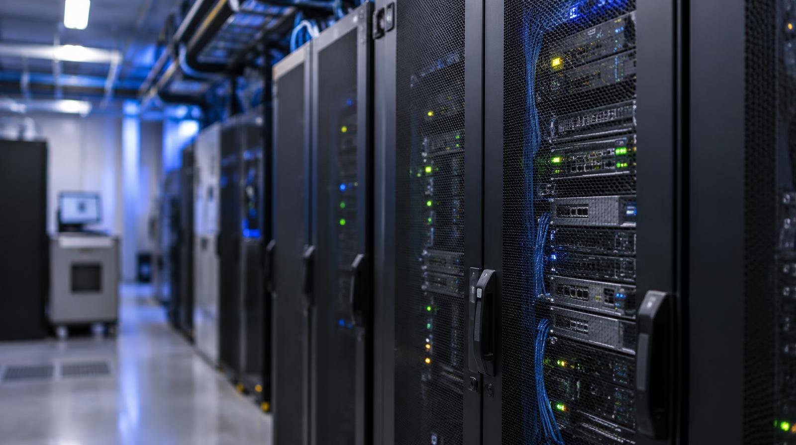 Rows of black server racks with blinking lights in a dimly lit data center.