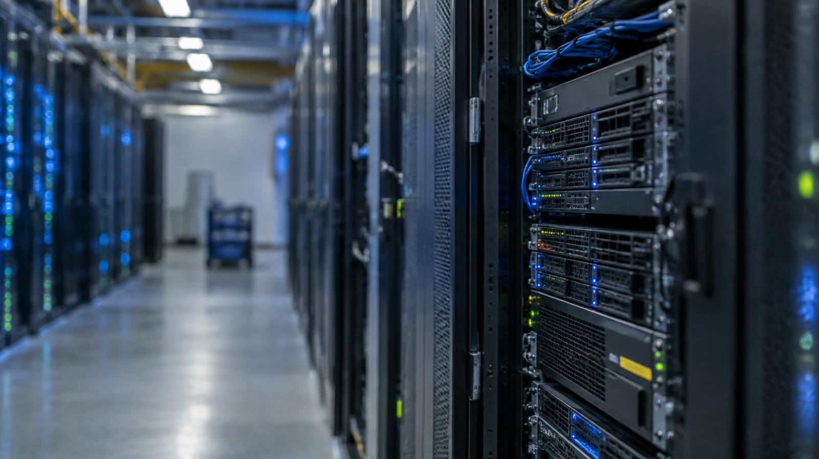 Rows of glowing server racks stretching down a wide aisle in a data center.