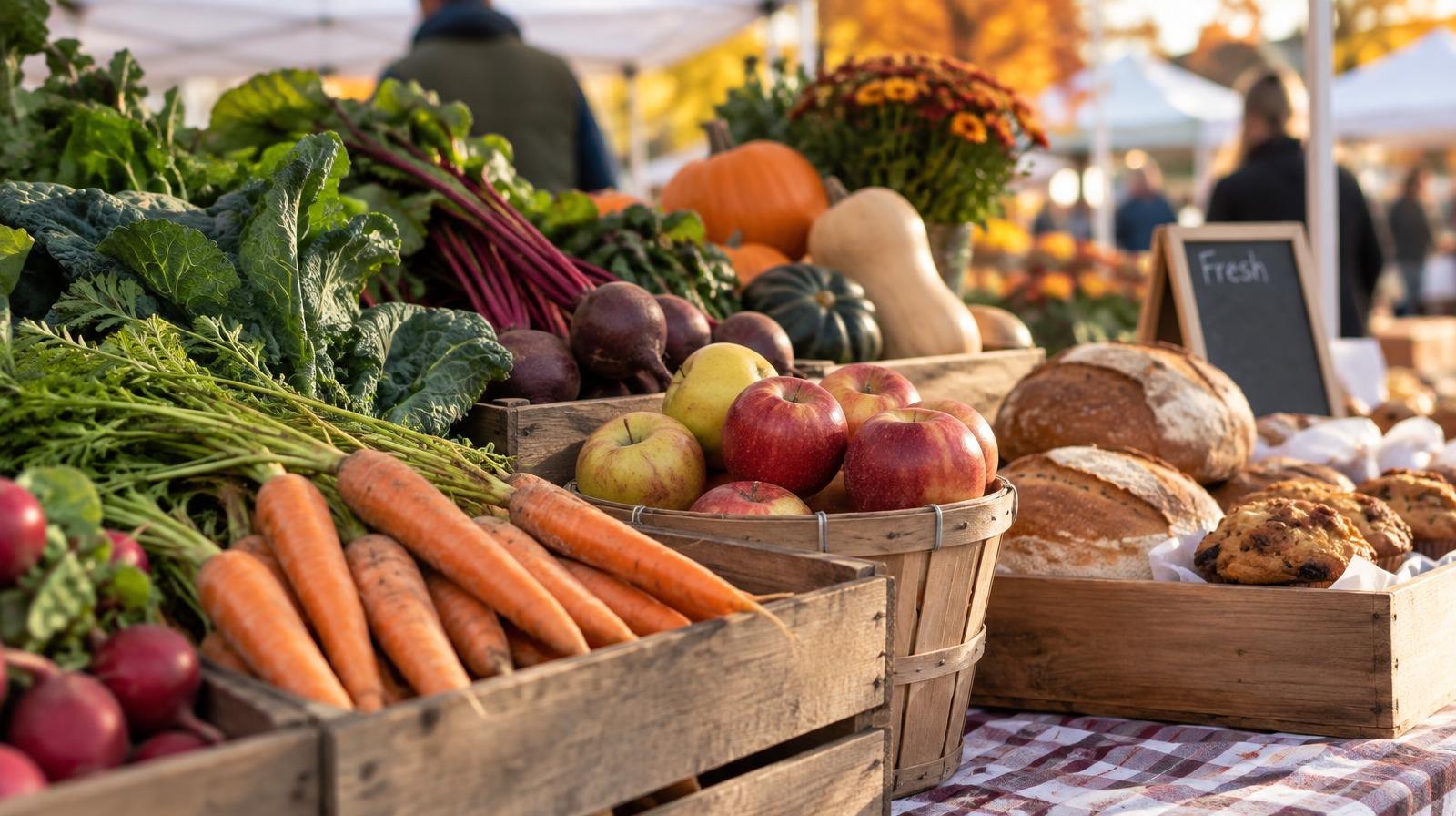 Colorful produce and baked goods displayed on a table under a white canopy tent outdoors.