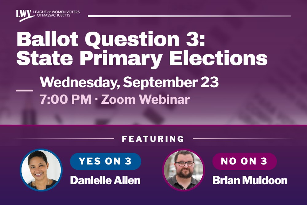 Event flyer showing two speakers for a Zoom forum on Ballot Question 3.