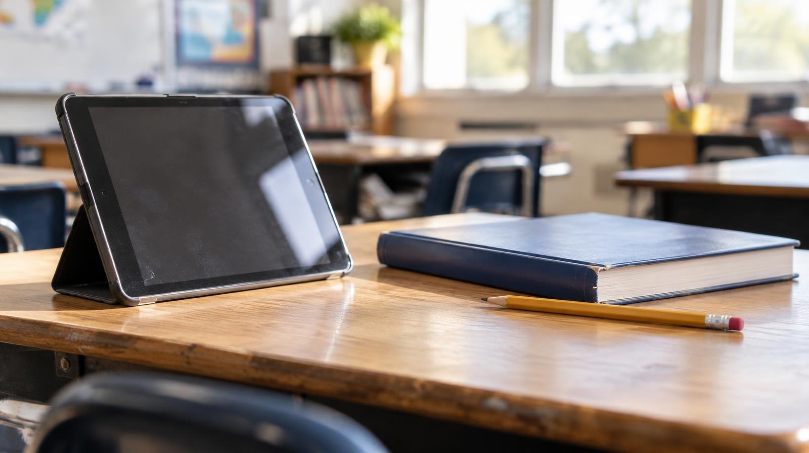 A tablet computer on a wooden school desk beside a closed textbook and pencil.