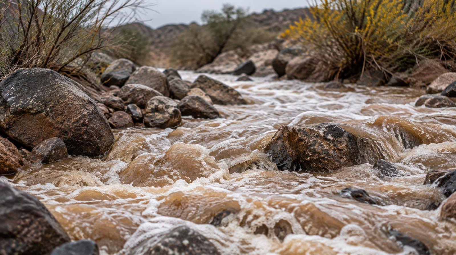 Muddy brown water churning rapidly over rocks in a flooded desert creek.