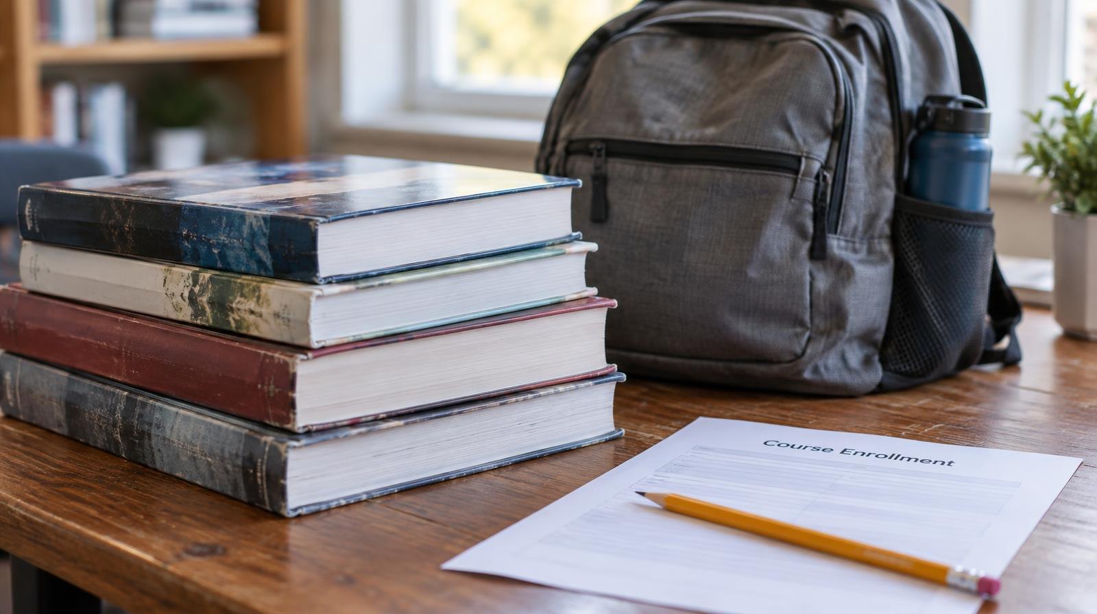 Stack of college textbooks beside a backpack on a wooden desk with a pencil.