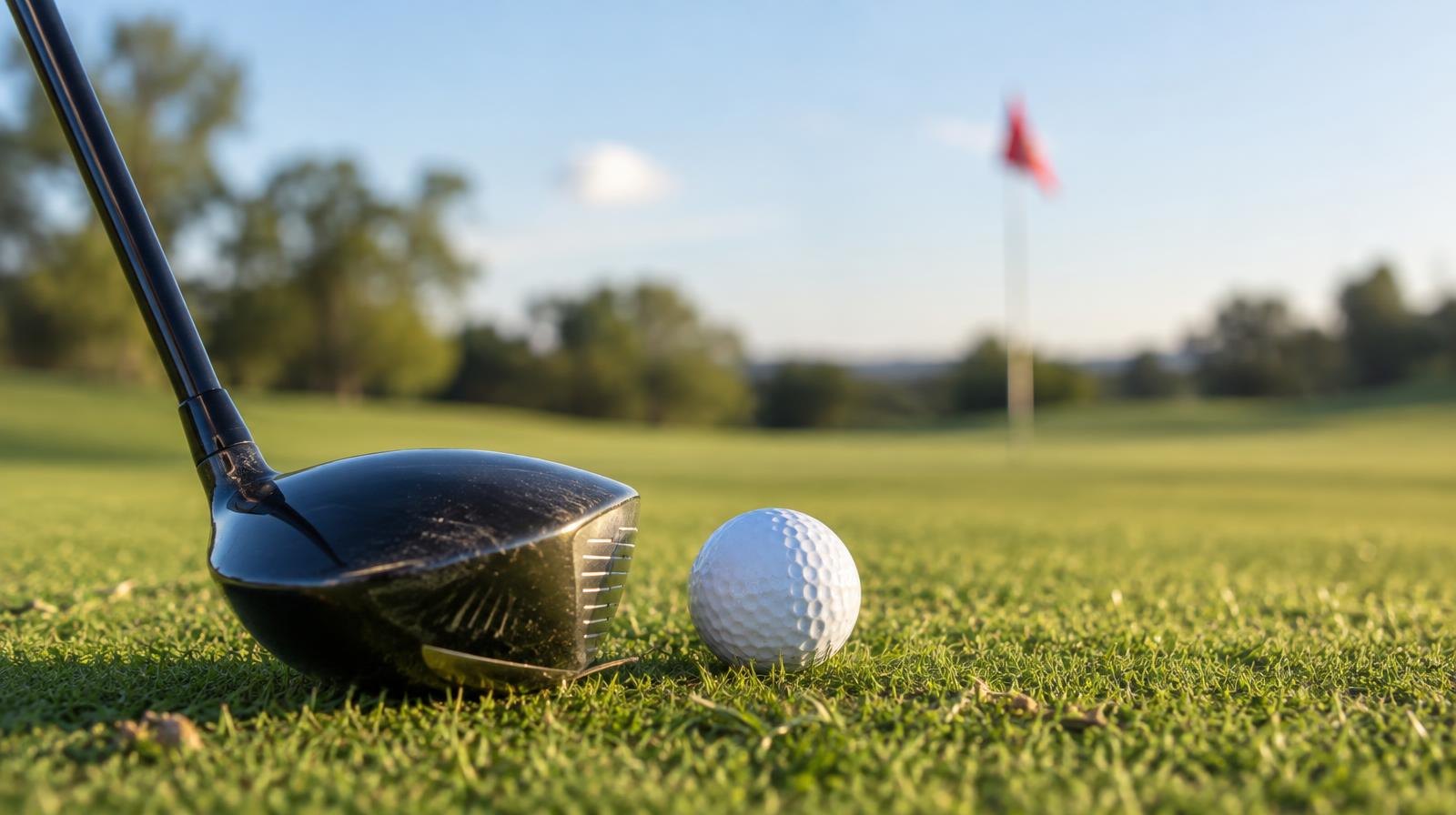 A golf club driver head and golf ball resting on a green fairway.