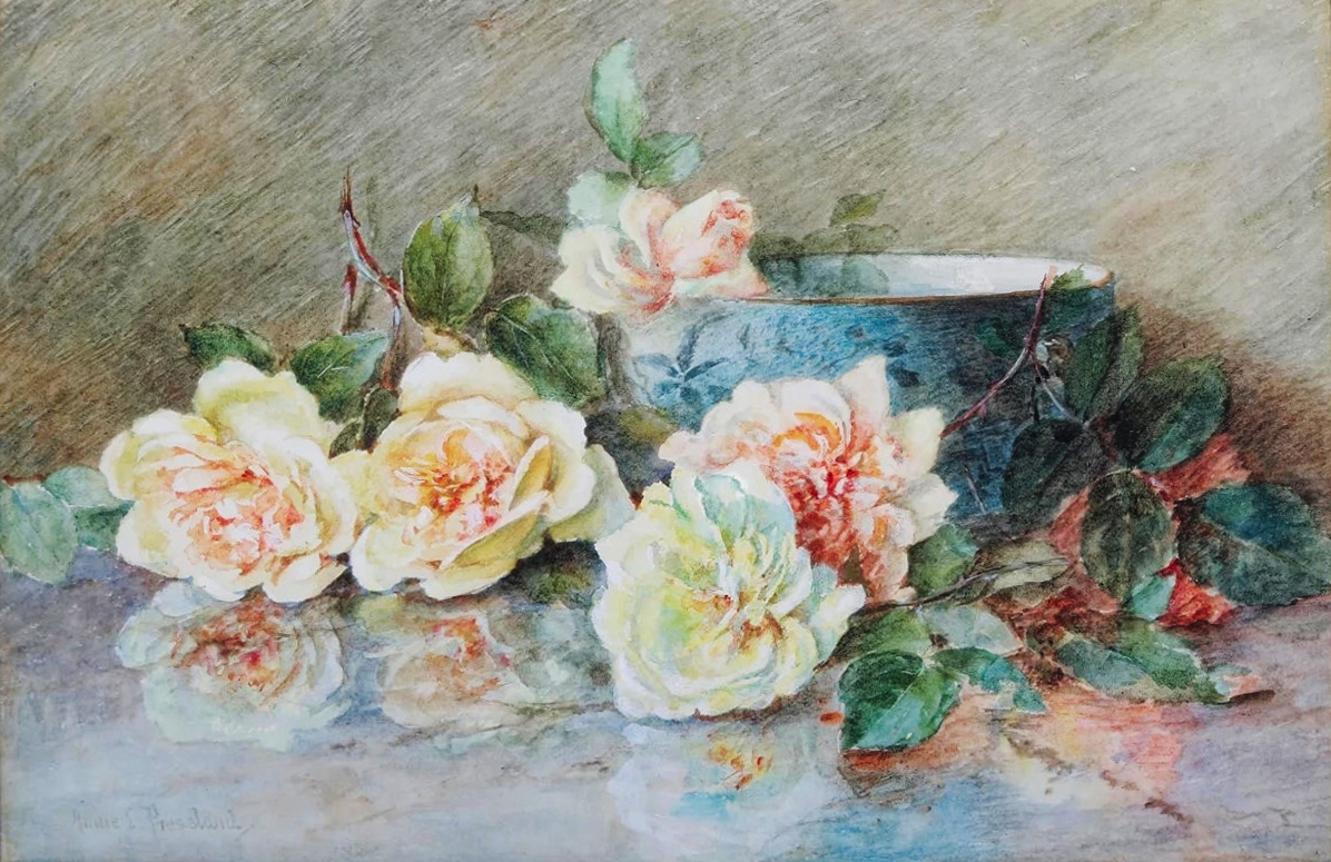 Watercolor painting of cream and pink roses with green leaves beside a blue ceramic bowl.