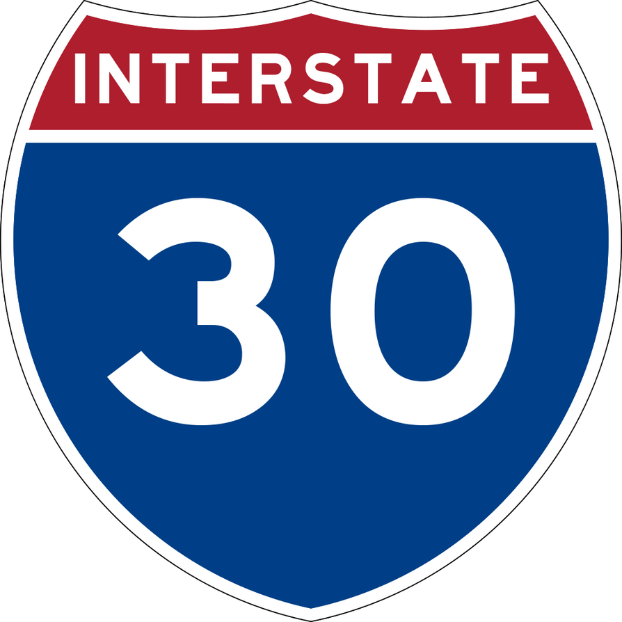 Blue and red Interstate 30 highway shield sign.