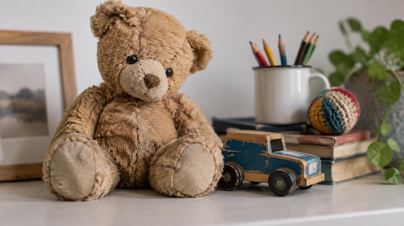 A worn teddy bear and small colorful objects arranged on a plain surface.