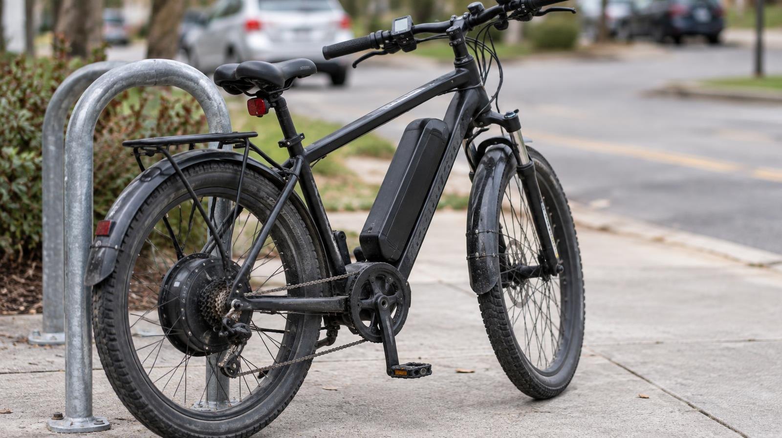 A black electric bicycle leaning against a metal bike rack on a sidewalk.