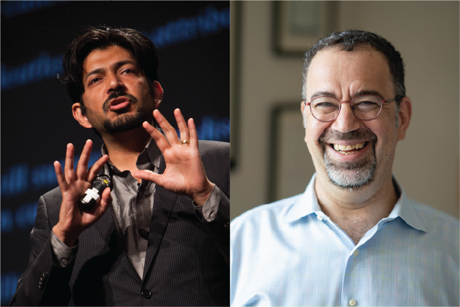 Side-by-side portrait photos of two men against separate backgrounds.