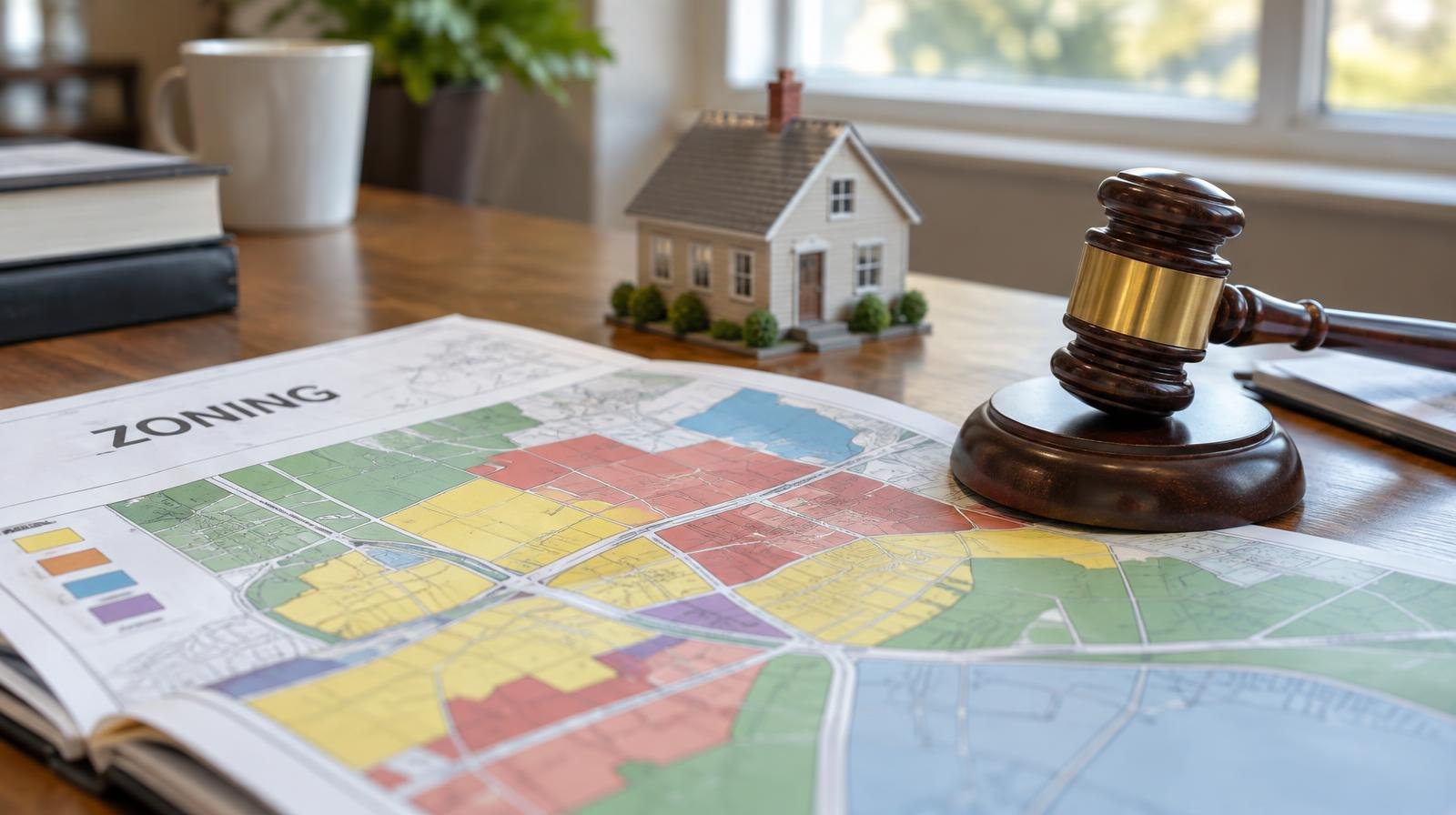 Colorful zoning map on a table beside a gavel and a small model house.