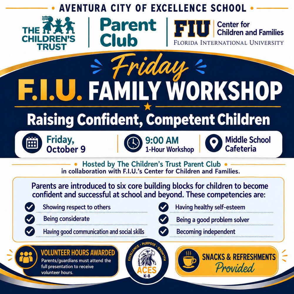 Event flyer for a free parenting workshop listing date, time, location, and six core competencies.