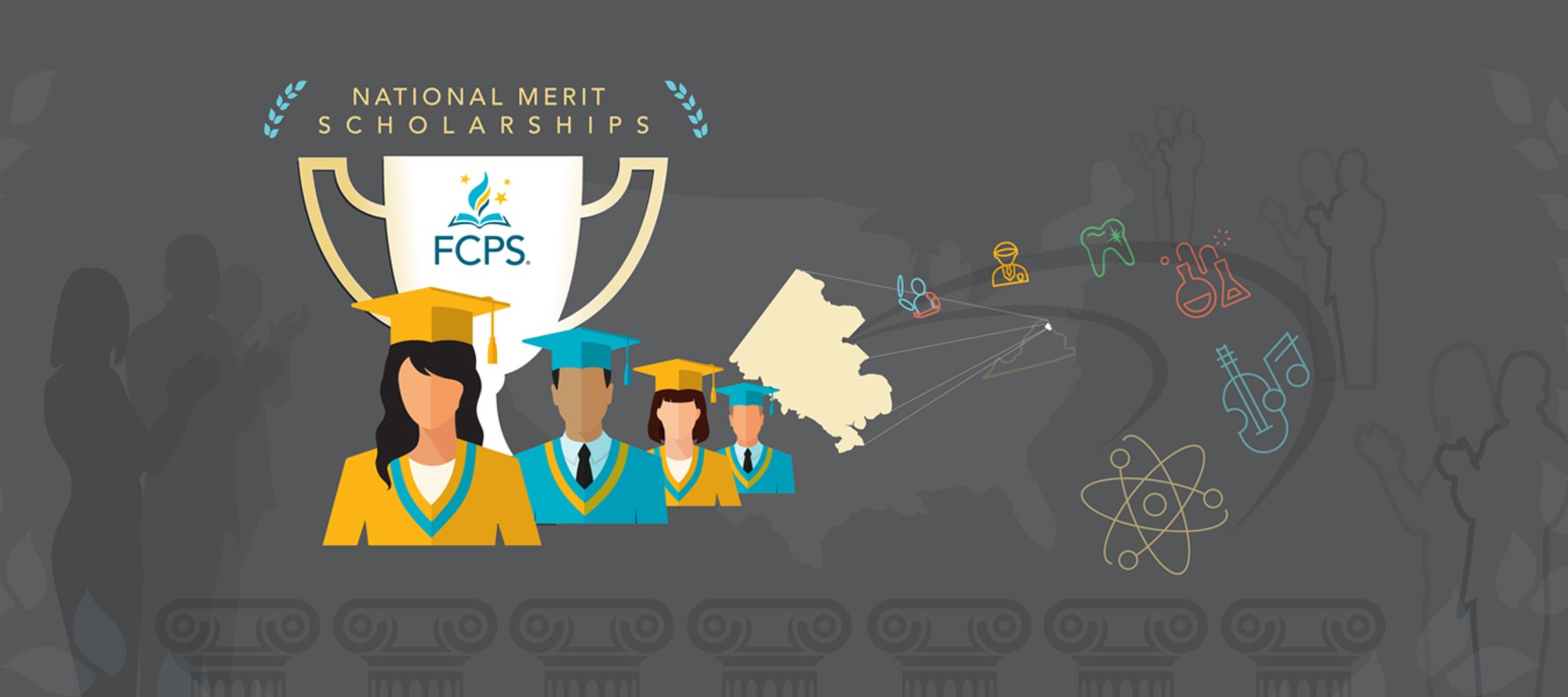 Illustrated graphic showing a trophy with graduation figures and the words National Merit Scholarships.