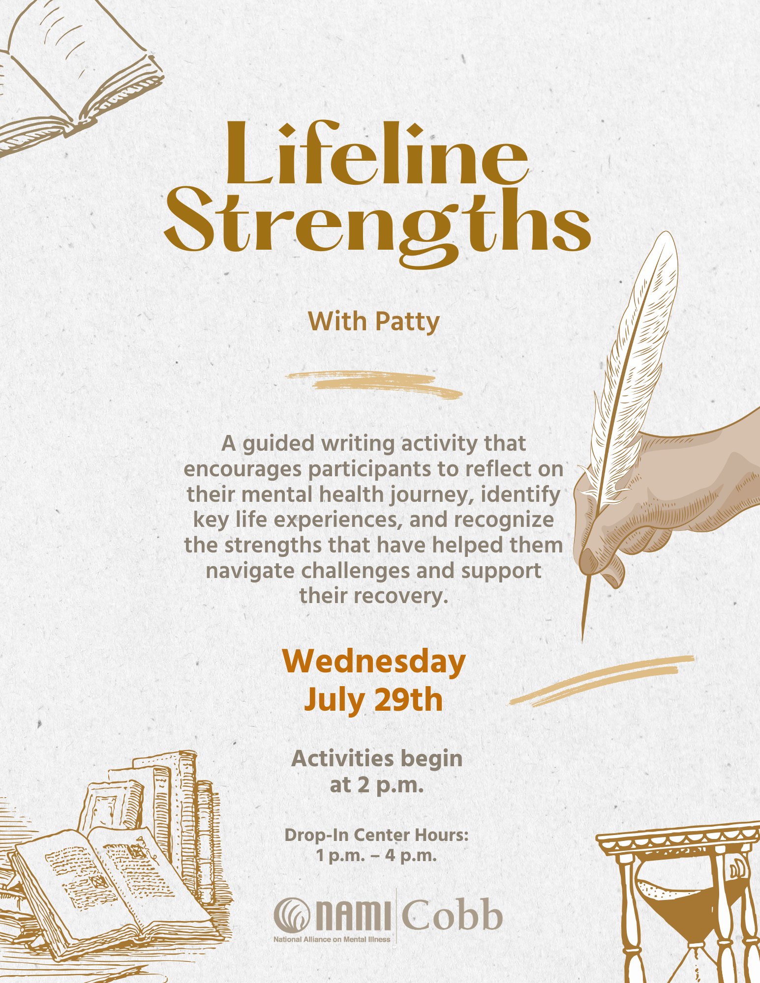 Event flyer for a guided writing activity featuring illustrations of books, an hourglass, and a quill pen.