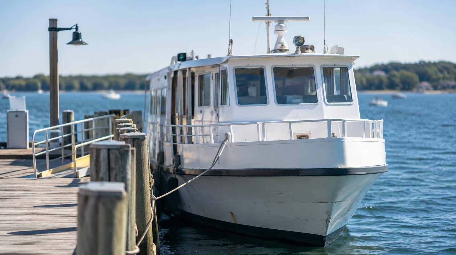 Small white passenger ferry boat docked at a wooden pier on blue water.