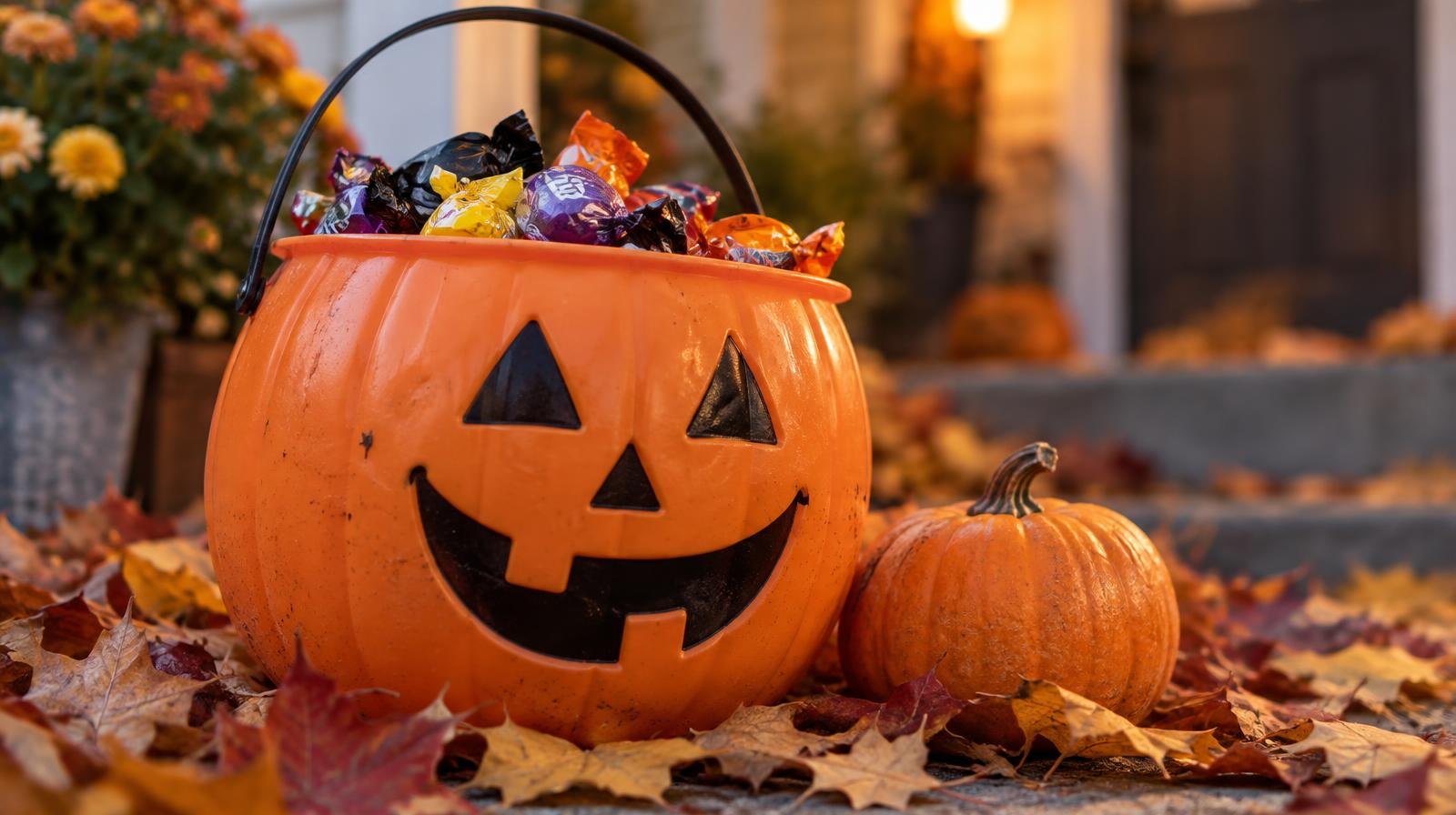 A Halloween candy bucket overflowing with treats rests on autumn leaves next to a small pumpkin.