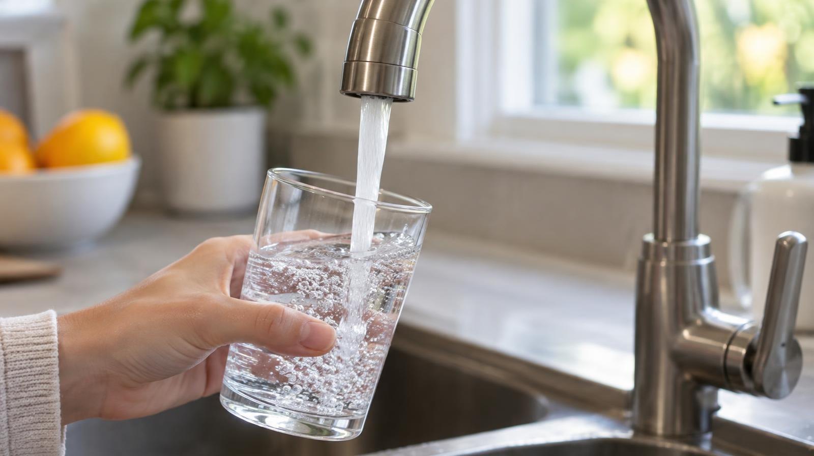 Clear water flowing from a kitchen faucet into a drinking glass.