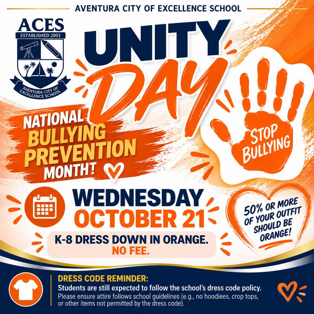 Promotional flyer with orange handprints announcing a school Unity Day dress-down event.
