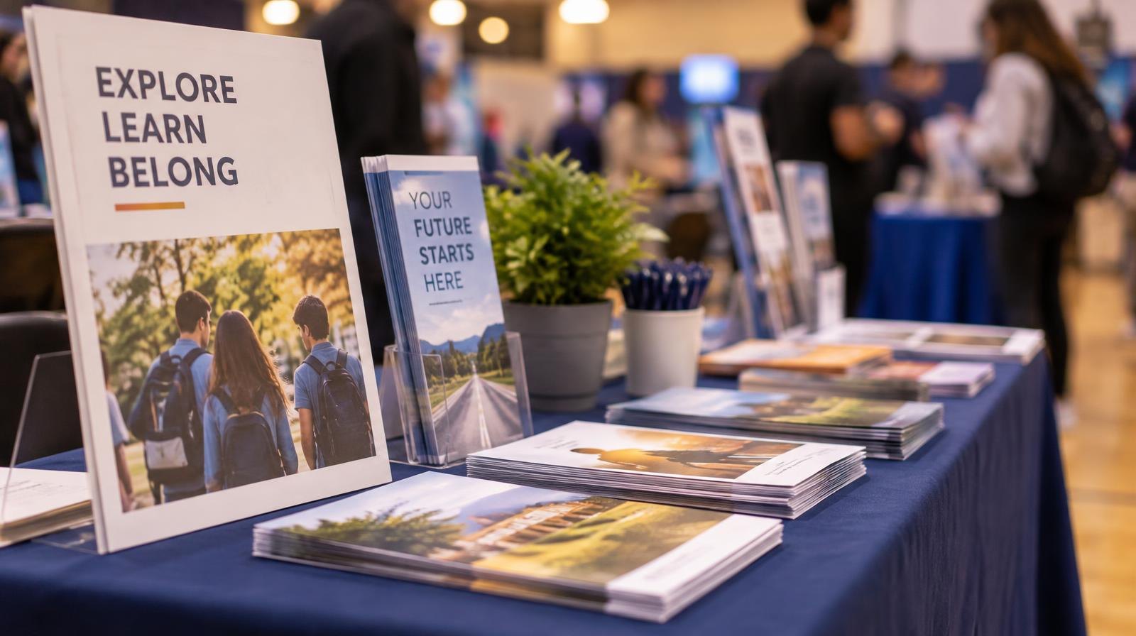 Colorful brochures and program materials fanned out on a display table under warm indoor lighting.