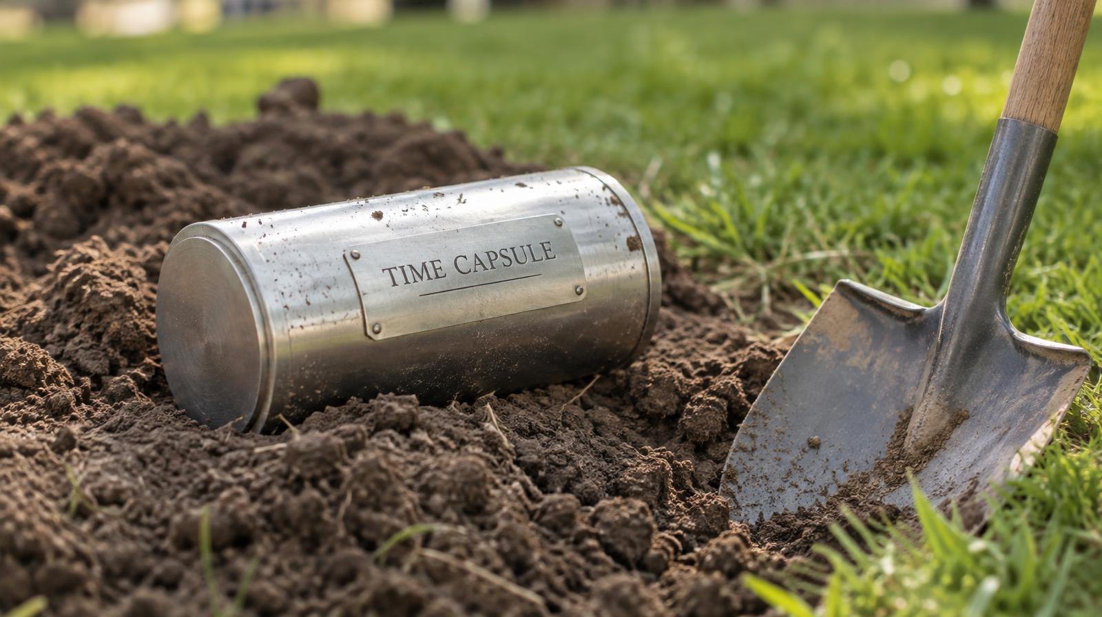 A sealed metal time capsule cylinder resting on freshly turned soil beside a small shovel.