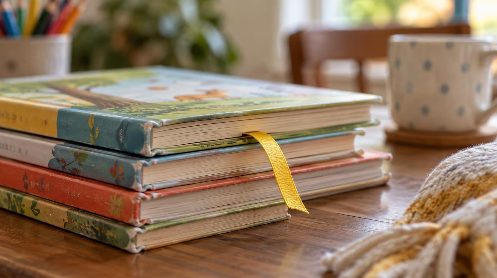 A small stack of colorful children's picture books on a wooden surface.