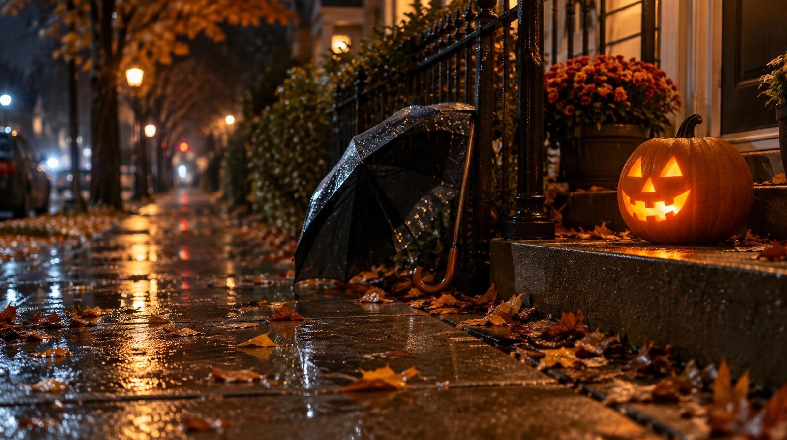 A wet sidewalk at night with autumn leaves, a jack-o'-lantern, and an open umbrella.