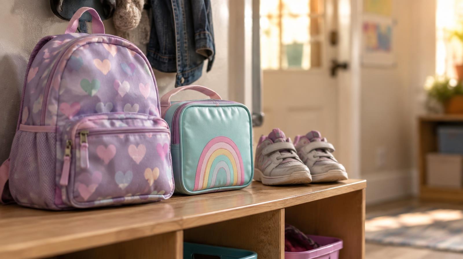 Small child's backpack and lunchbox on a wooden cubby shelf beside tiny sneakers.