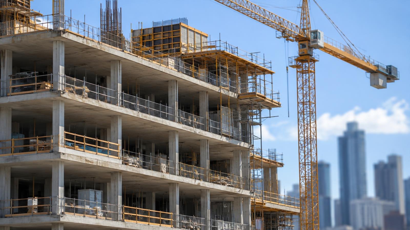 Modern high-rise apartment building under construction with a tower crane against a blue sky.