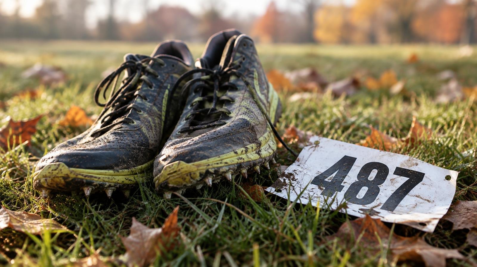 A pair of cross country running spikes resting on grass beside a race bib number.