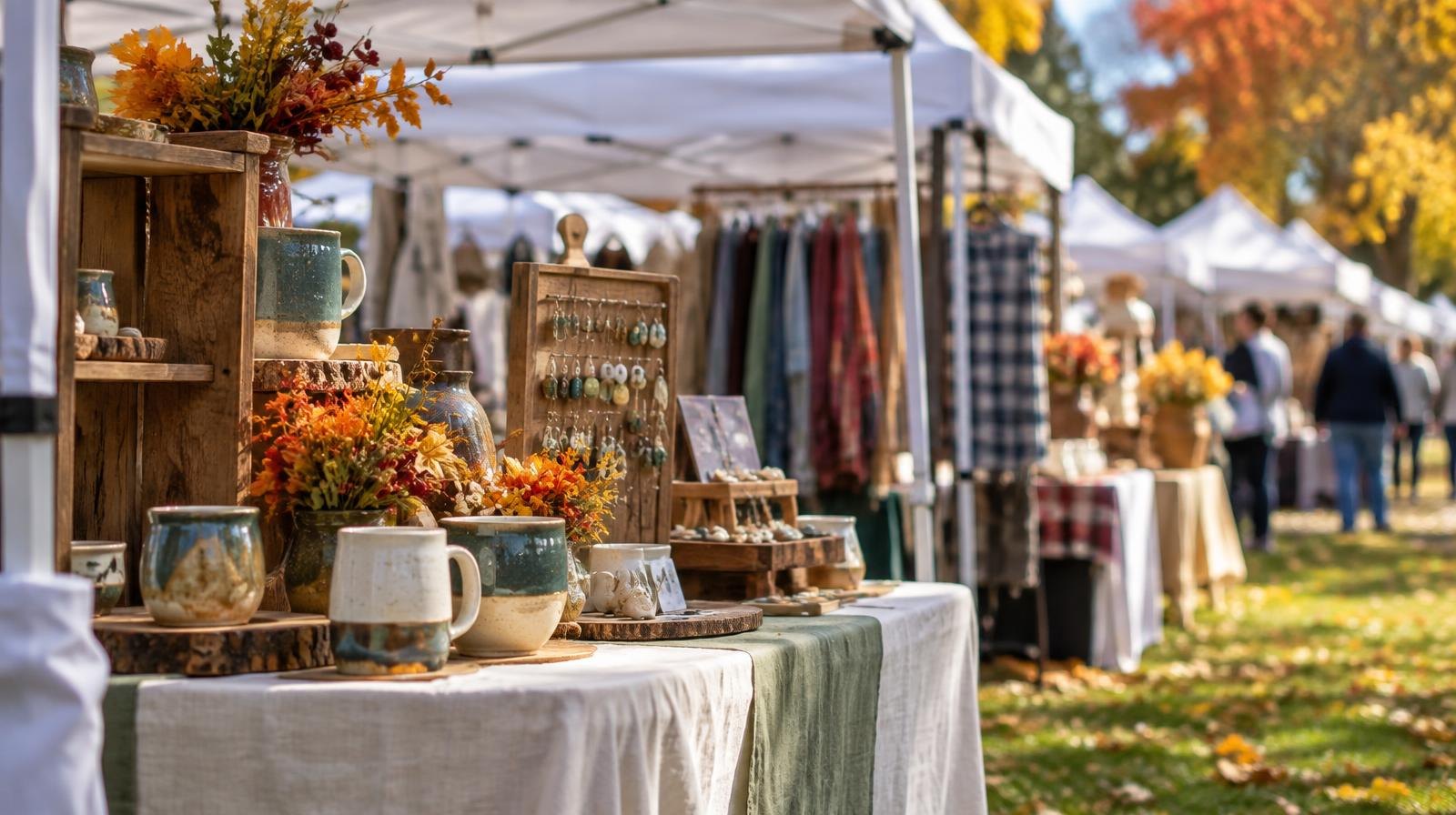 Colorful canopy tents with handmade goods on display tables at an outdoor festival.