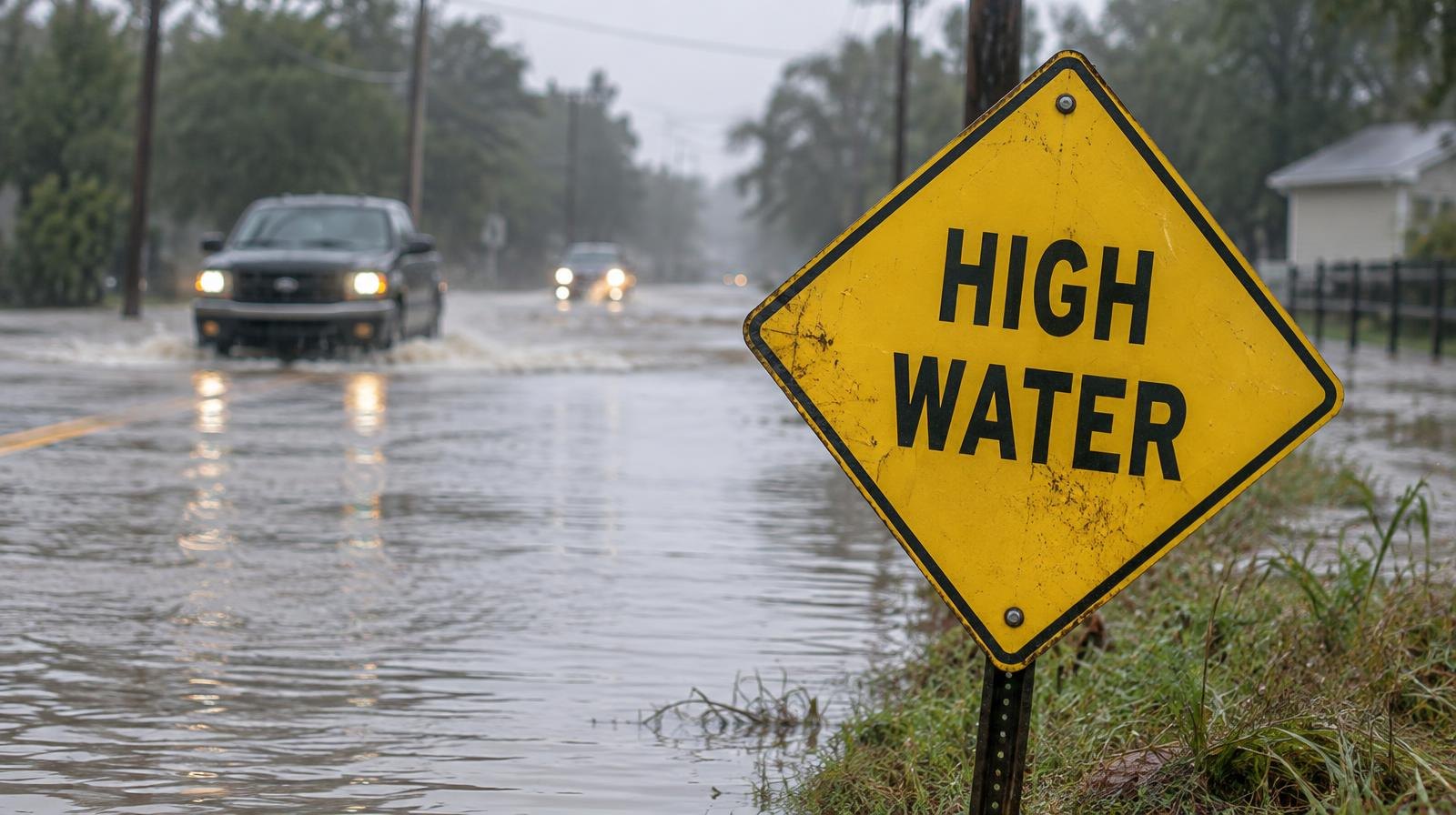 Yellow high-water warning sign at the edge of a road covered in brown floodwater.