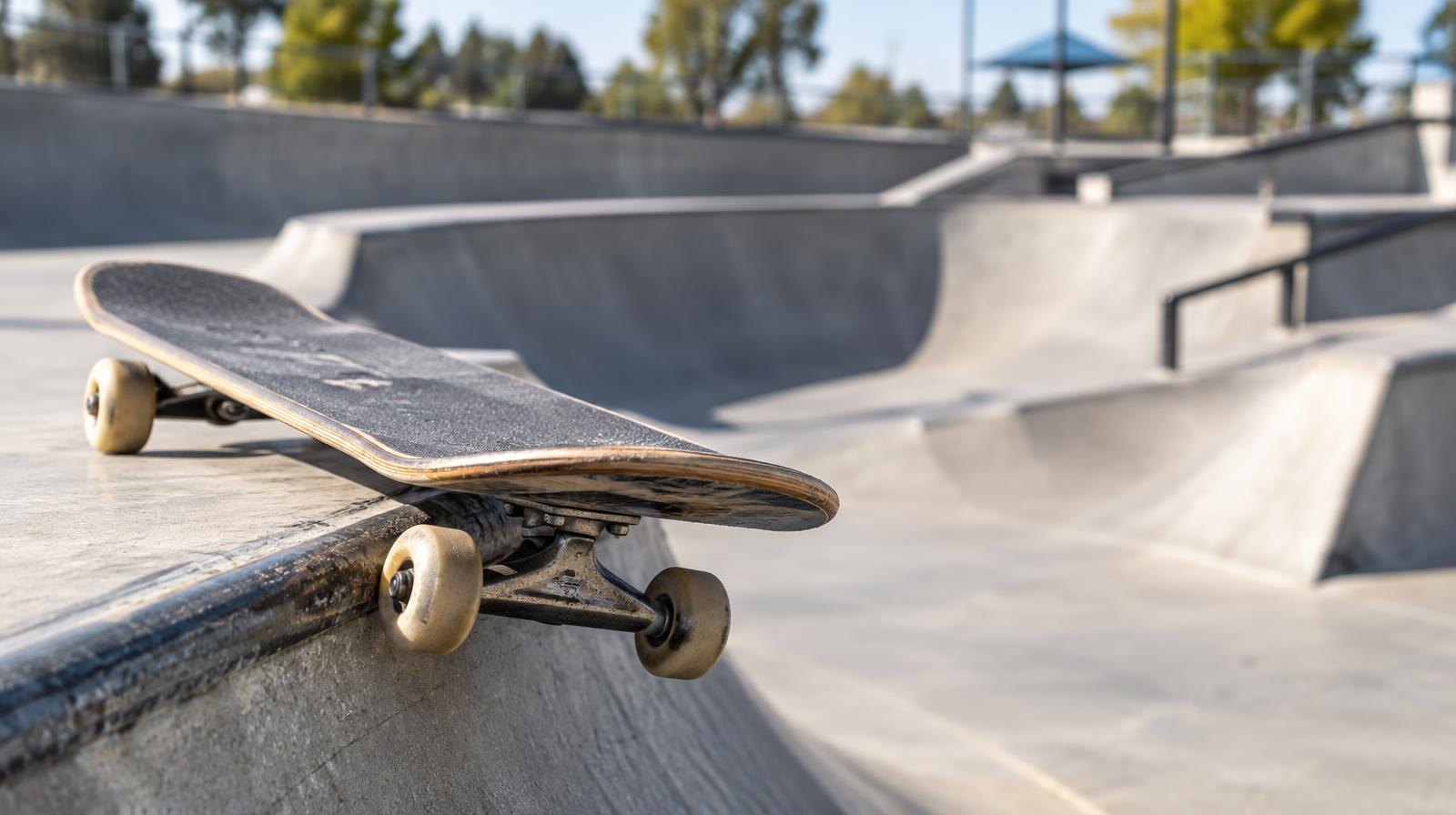A skateboard balanced on the lip of a curved concrete skate ramp.