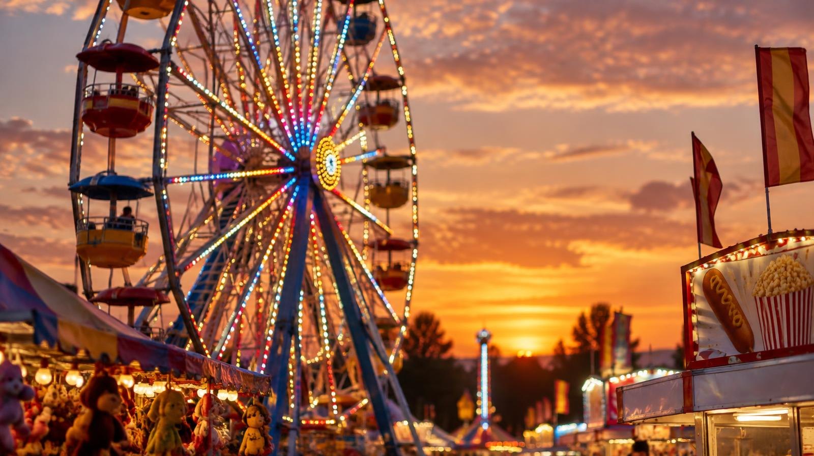 Illuminated carnival Ferris wheel against a twilight sky with booths below.