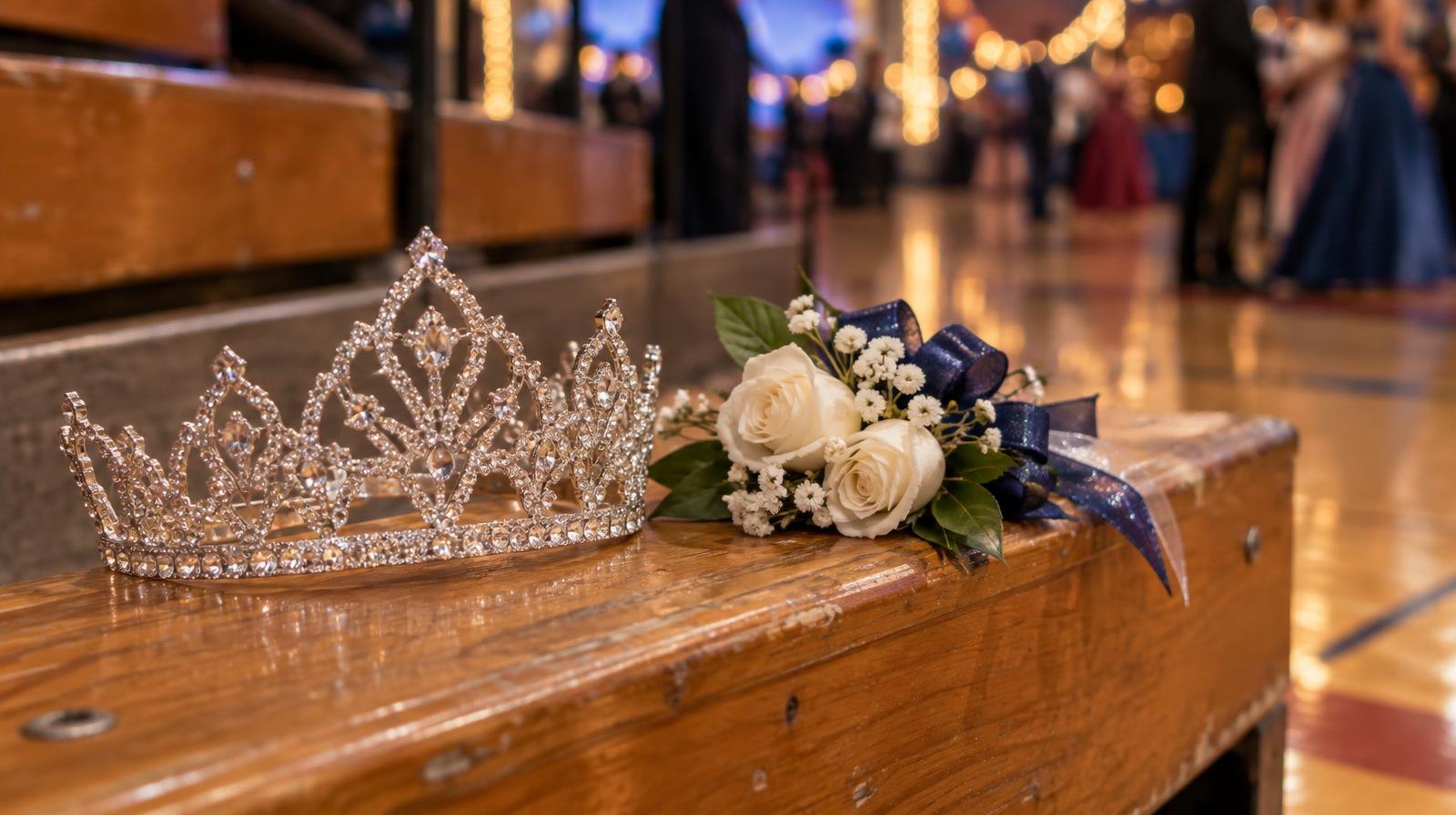 Sparkling crown and floral corsage resting on a bleacher seat in a gymnasium.