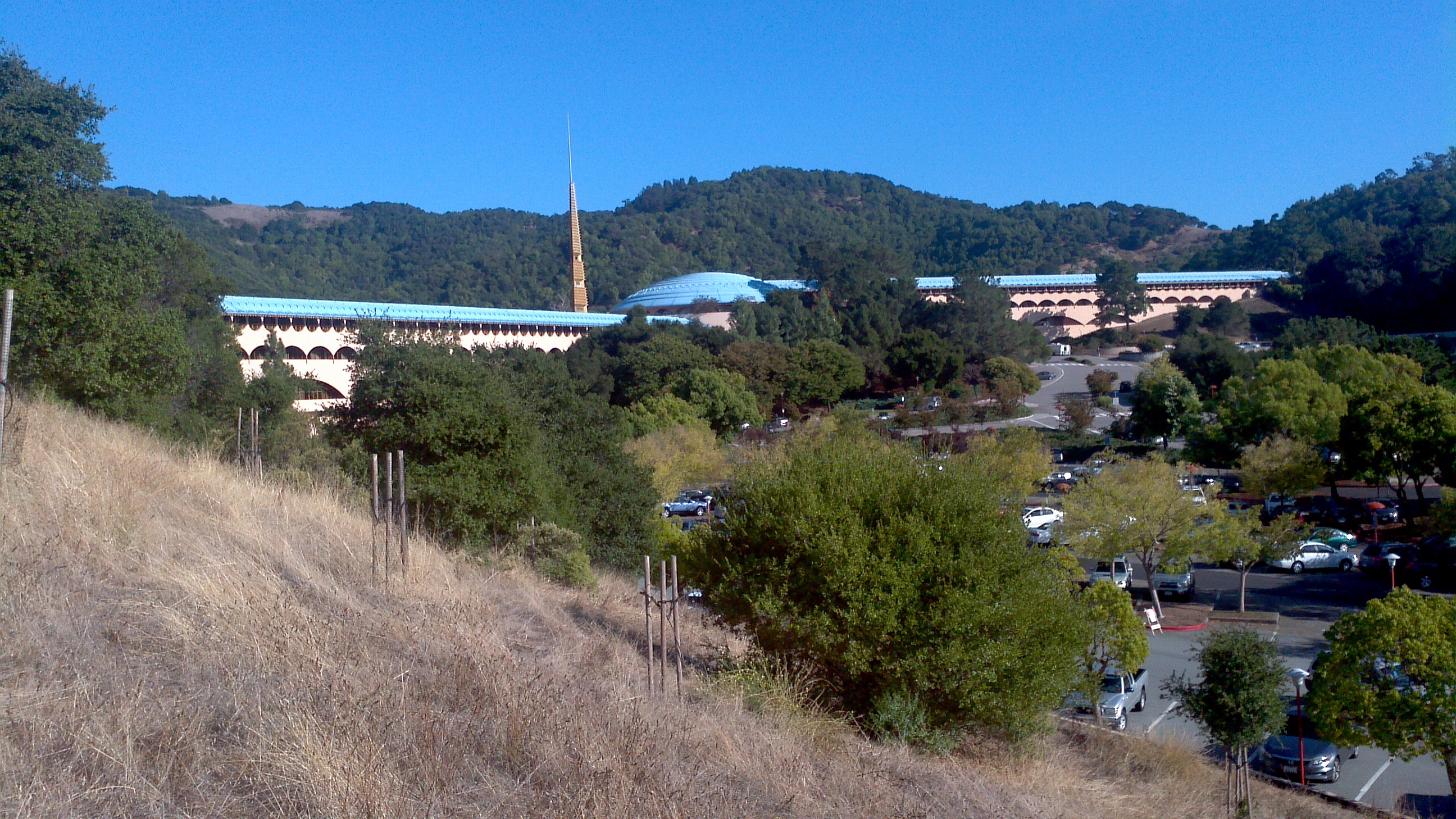 Marin County Civic Center building with blue roof and spire surrounded by green hills and a parking lot.