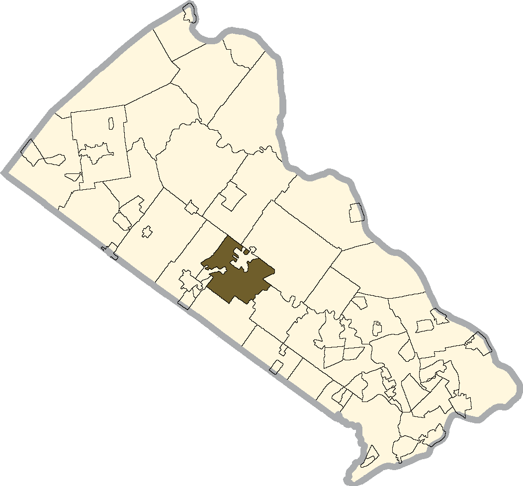 Map of Bucks County, Pennsylvania, with Doylestown Township highlighted in dark brown.