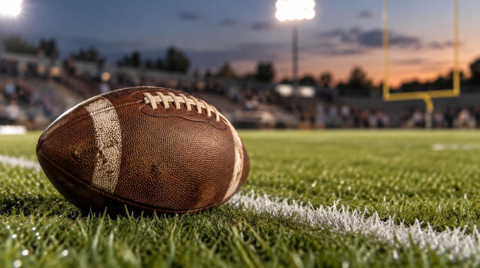 An American football sitting on green grass near a white yard line under warm stadium lighting.