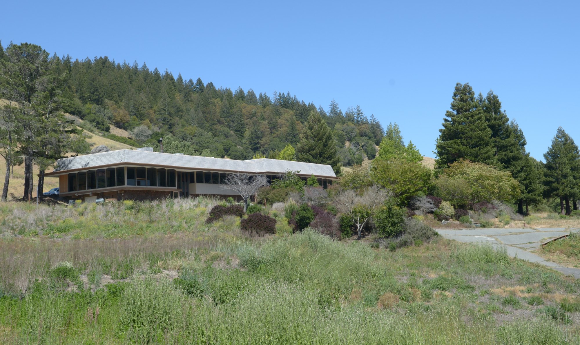 A single-story flat-roofed building surrounded by green vegetation and conifer-covered hills.