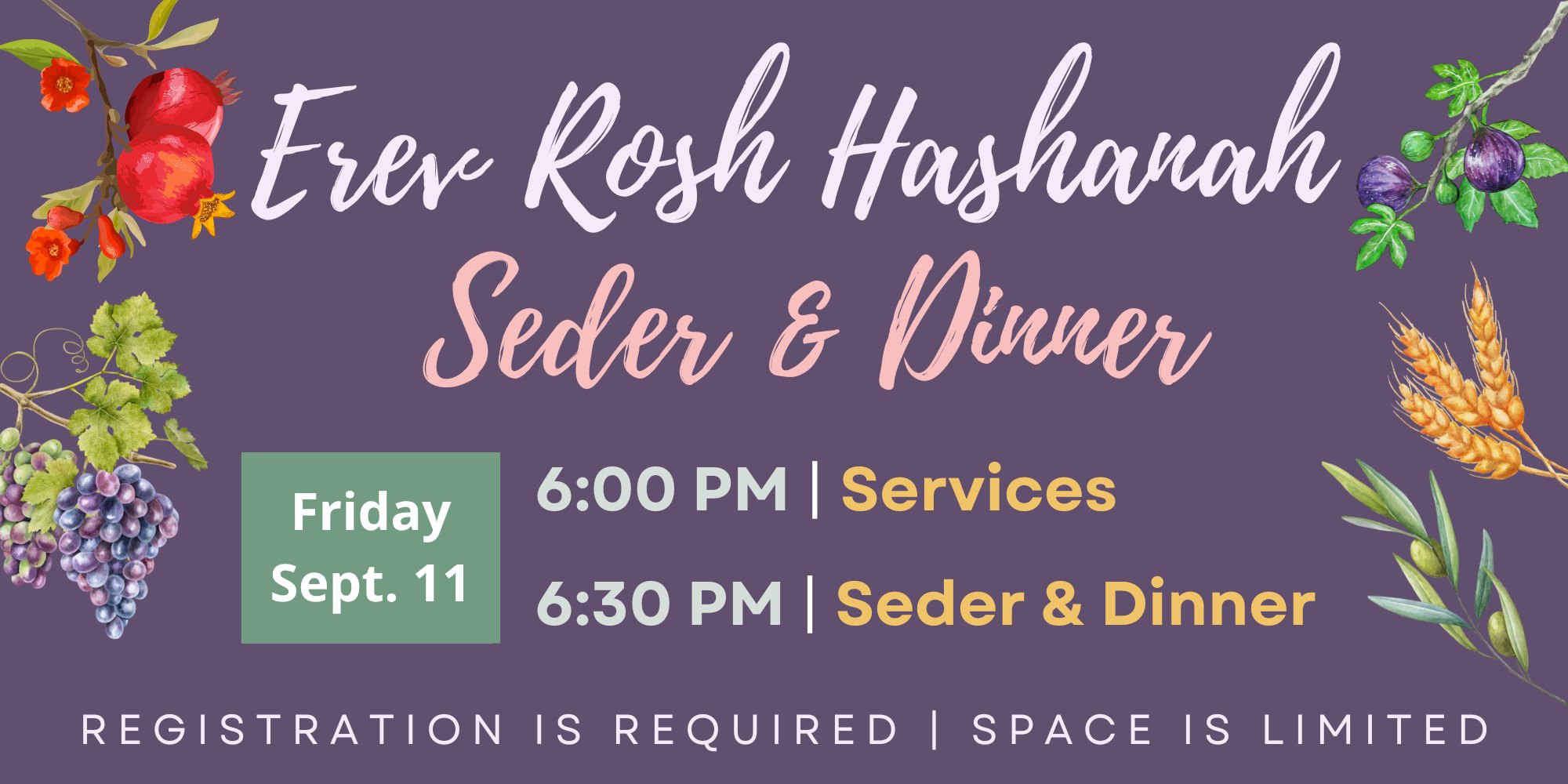 Event flyer with pomegranate and harvest illustrations on a purple background.