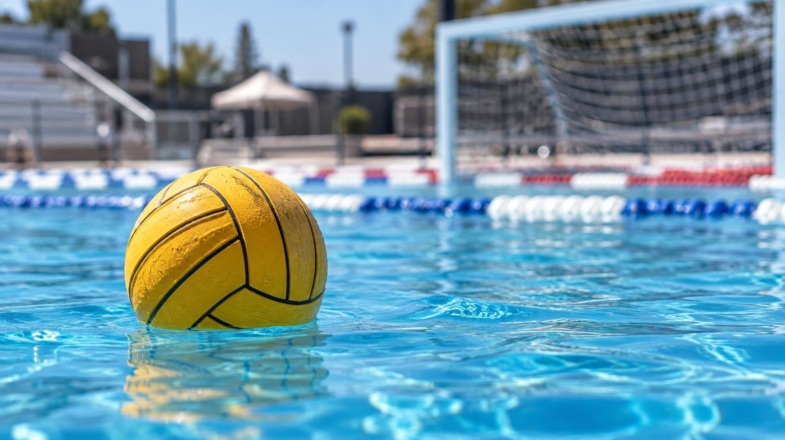 A water polo ball floating on the surface of a bright blue outdoor pool with a goal net in the background.