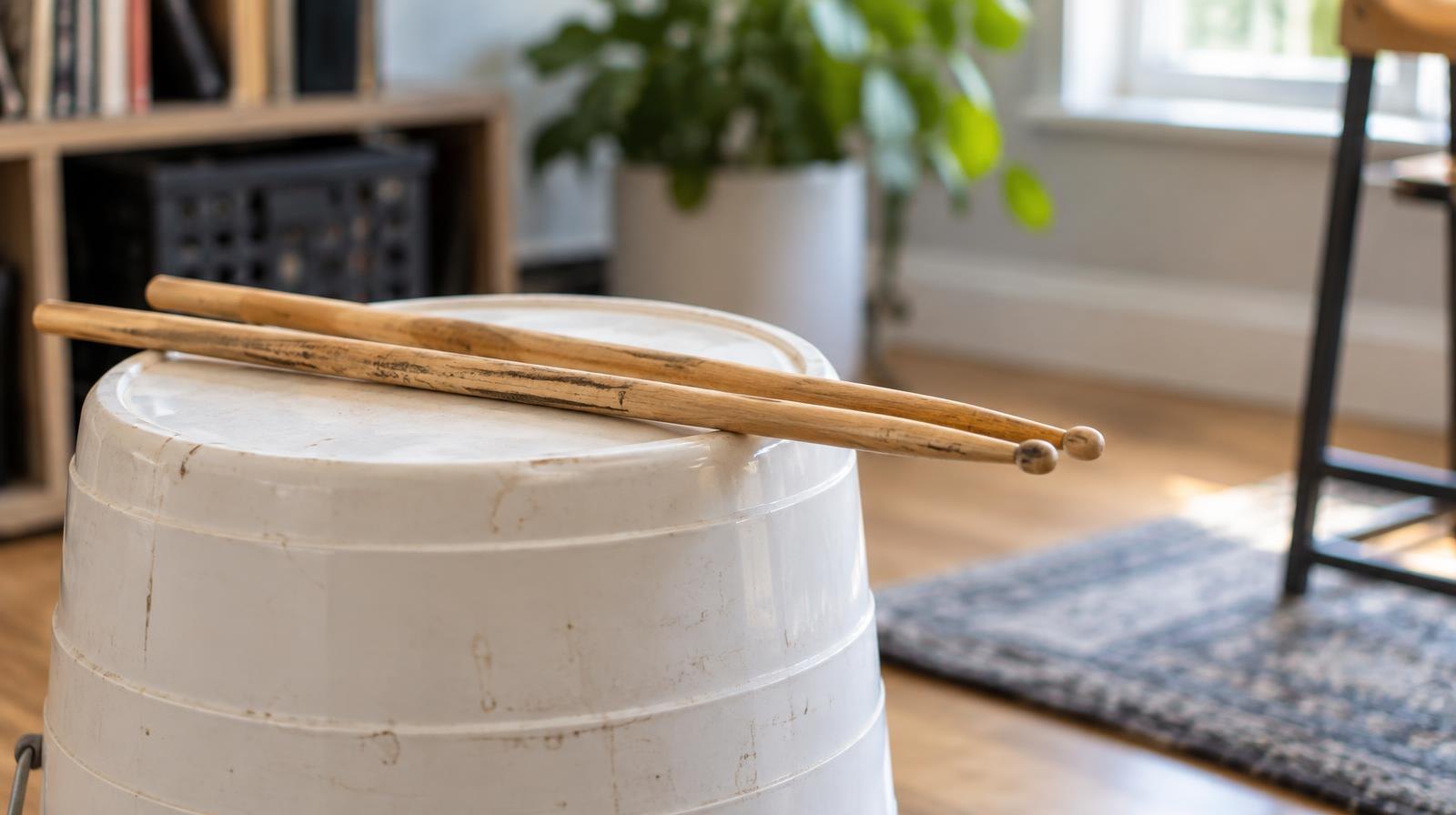 Wooden drumsticks resting across the top of an upturned plastic bucket.