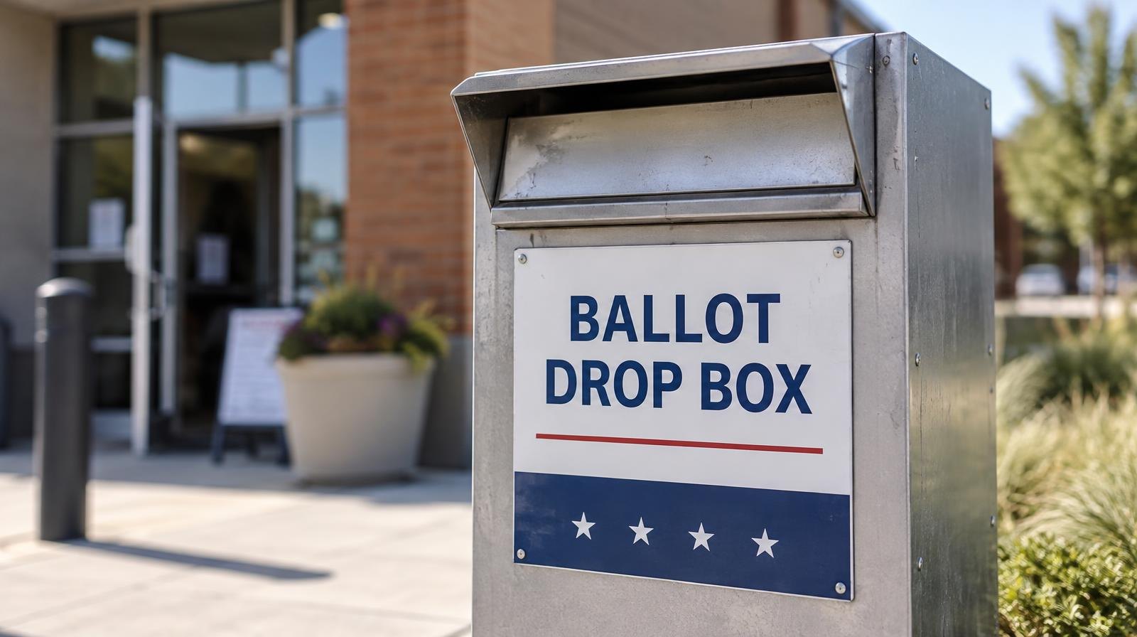 A metal ballot drop box mounted outdoors near a building entrance.