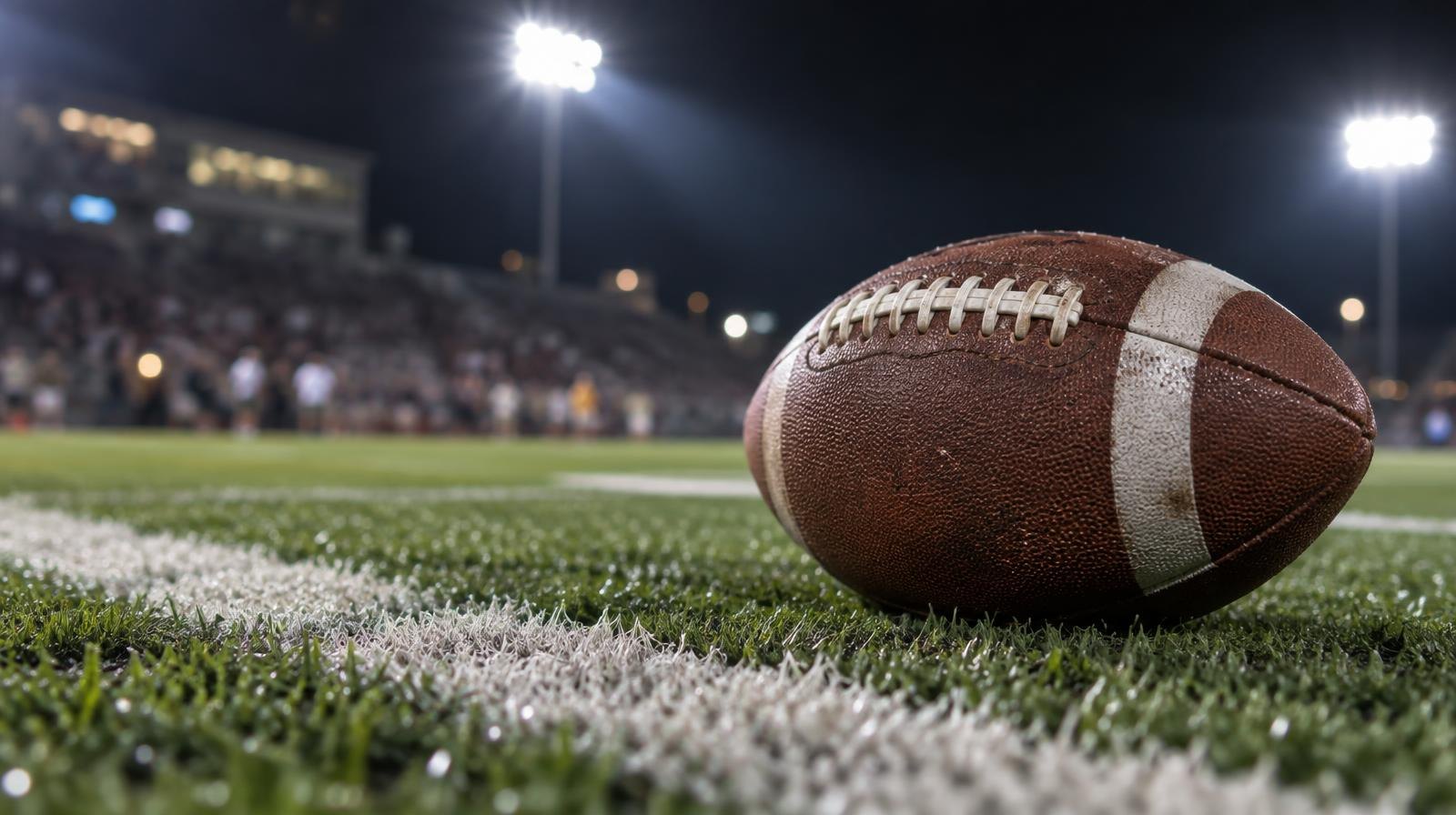 An American football on green turf beside a white yard line under bright stadium lights.