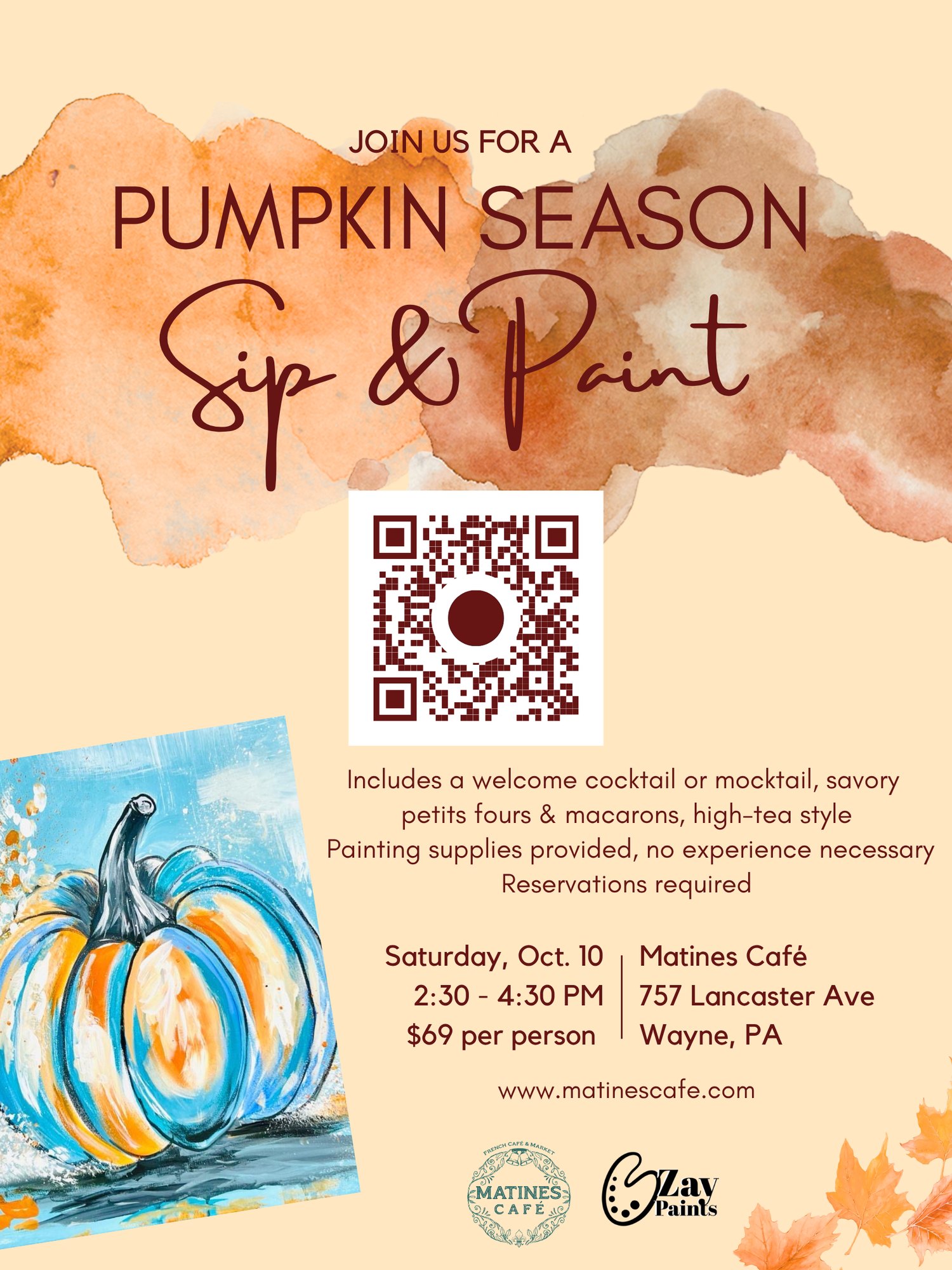 Event flyer with a watercolor pumpkin illustration and text listing date, time, price, and venue details.